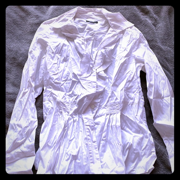 White long sleeve full button blouse w ruffles - Picture 1 of 5